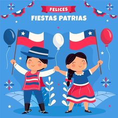 two children holding flags and balloons with the words felices fiestas patrias