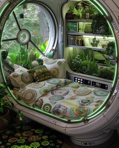 a futuristic bedroom with plants and books in the window, as well as a bed