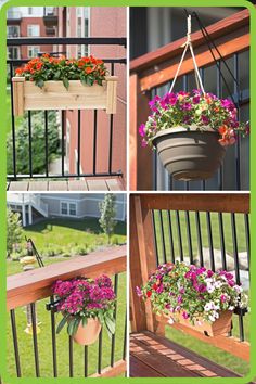 four different pictures of flowers in hanging baskets on a balcony rail and the same one with potted plants