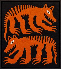 an orange and black painting with two tigers on it's back side, in front of a black background