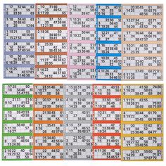 four rows of numbered numbers in different colors and sizes, each with the same number