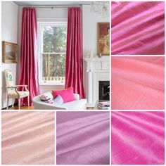 a collage of different shades of pink, purple and red in the living room