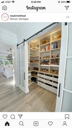 an instagram photo of a pantry with doors open