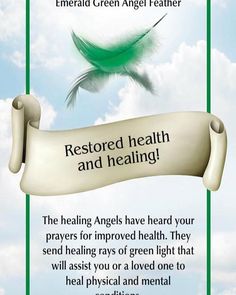 an advertisement for the emerald green angel feather health and healing program, with a banner