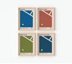 four framed posters with tennis balls on them in different shapes and sizes, each showing the same color scheme