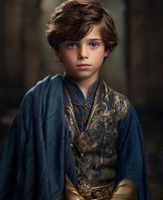 a young boy dressed in blue and gold sitting on a chair with a blanket over his shoulders