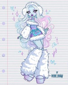 a drawing of a monster girl with pink hair and white fur on her head, in front of lined paper