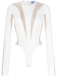 white stretch-design tulle panels embossed logo to the front round neck long sleeves thong style Just a reminder that this piece must be tried on over your own garments. Mugler Bodysuit, Pastel Streetwear, Sparkly Bodysuit, Shaping Bodysuit, White Long Sleeve Bodysuit, Wedding Guest Looks, City Dress, Just A Reminder, Summer Beach Wear