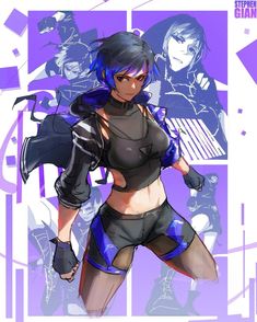 an anime character is standing in front of a purple and white background with other characters behind her