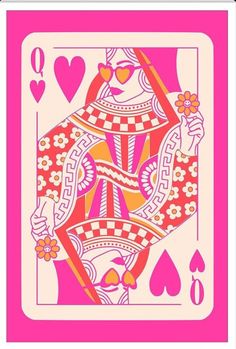 a pink and white playing card with an image of a woman holding a flower in her hand