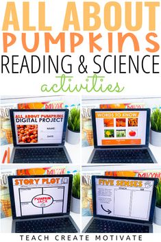 four pictures of pumpkins reading and science activities