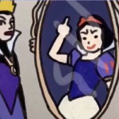 an animated image of snow white and prince charmingly pointing at each other's reflection