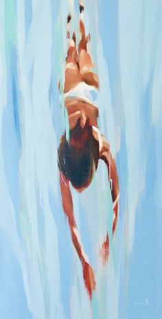 a painting of a man diving into the water with his back turned to the camera