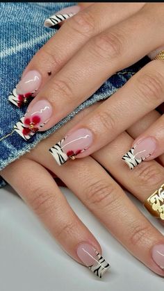 frenchies zebra nails zebra floral animal print flower nails Tiger Stripe French Tip Nails, French Tip Zebra Print Nails, Zebra Print Almond Nails, Zebra Toe Nail Designs, Animal French Tip Nails, Almond Zebra Nails, Square Zebra Nails, Nail Zebra Designs, Y2k Zebra Nails