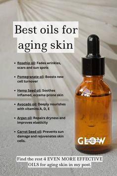 an advertisement for the best oils for aging skin, with information about how to use it