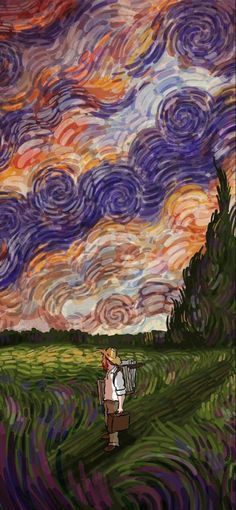 a painting of a person standing in a field under a cloudy sky with swirls