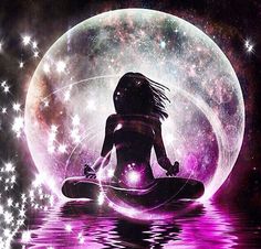 a woman is sitting in the water with stars around her