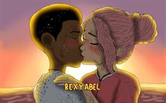 a couple kissing each other in front of an orange and pink sky with the words relax able written on it