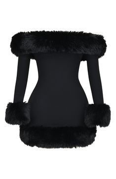 Plush faux-fur trim brings glamorous warmth to an off-the-shoulder minidress fashioned from figure-flaunting stretch crepe. Exclusive retailer Back zip closure Off-the-shoulder neck Long sleeves Lined 95% polyester, 5% elastane with 100% polyester faux fur Dry clean Imported