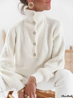 Olivia Mark - Everyday Casual Plain Button-Up Sweater Look Formal, Button Sweater, Modieuze Outfits, Long Sleeve Knit Sweaters, Long Sleeve Turtleneck, Casual Sweaters, Jumpers For Women, Knit Fashion, Long Sleeve Knit