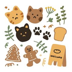 an assortment of animal themed items including bread, cookies and other things that are in the shape of animals