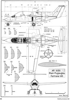 the plans for an airplane are shown in black and white, with blueprints