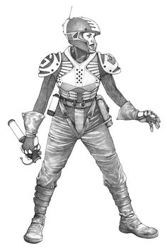 a black and white drawing of a man in armor holding a baseball bat with his right hand