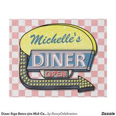 a sign that says michel's diner open on top of a checkered background