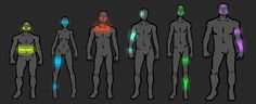 several different types of human body shapes with glowing lights on their arms and chestes