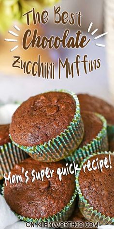 chocolate zucchini muffins stacked on top of each other with the words, the best chocolate zucchini muffins