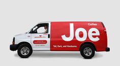 a red and white van with the word joe on it's side is shown