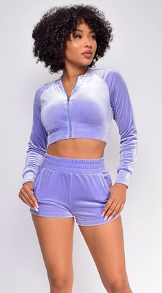 Velour Zip up Top & shorts set Model is wearing a sizeSmall Purple Athleisure, Lilac Jumpsuit, Purple Sets, Luxurious City, Hoodie Shorts, Purple Jumpsuit, Zip Up Top, Tie Dye Jumpsuit, Top Shorts Set