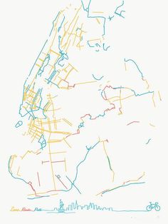 a blue and yellow drawing of a city map with lines on the top of it