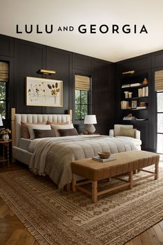 Bedroom featuring black walls with a traditional style jute and wool area rug with a white linen bed and brown English style bench. Cosy Bedroom, Transitional Bedroom, Inspire Me Home Decor, Traditional Bedroom, Design Living Room, Large Bedroom, Remodel Bedroom, Master Bedrooms Decor, Black Walls