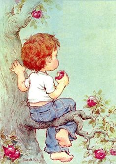 a little boy sitting on top of a tree with apples in his hands and looking at the ground