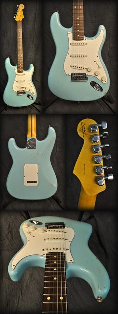 four different electric guitars are shown in three different positions, one is blue and the other is yellow