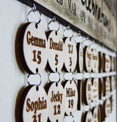 a wall hanging with wooden plaques and numbers on it's sides, which are labeled in german