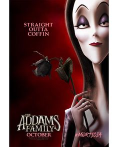 the addams movie poster with an evil woman holding a rose