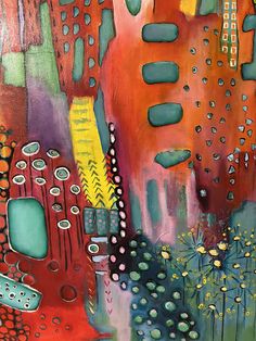 an abstract painting with lots of different colors and shapes on the surface, including buildings