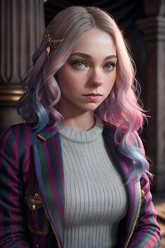 a woman with pink and blue hair wearing a striped jacket