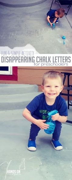 a young boy holding a blue ball in front of a skateboard ramp with the words, fun and simple activity disapening chalk letters