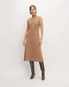 If cozy was a dress. Equal parts cozy and cool, the Cozy-Stretch Sleeveless Midi Dress is everything you’ll want from a dress when the temps drop. Featuring an elegant funnel neck, with a slim fit at the bust and waist, it flares gently into an A-line midi skirt. Sleeveless for easy layering options, pair it with the matching Cozy-Stretch Relaxed Cardigan for added warmth. It’s made with our cozy RWS-certified wool blend with a touch of stretch for added comfort.     The Responsible Wool Standar Work Wardrobe, Soil Health, Sleeveless Midi Dress, The Sheep, Style Crush, Midi Dress Sleeveless, Funnel Neck