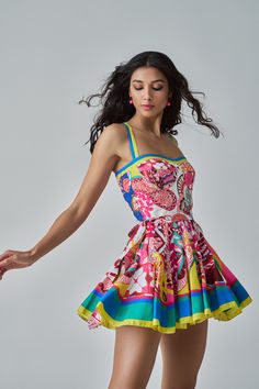 Paisley Inrpired Print Mini Flared Dress With Detachable Belt. Materials used: Habutai Color: Multi Product care: Dry clean only Jazz Outfits, Luau Dress, Funky Dresses, Paisley Print Dress, Flared Dress, Night Out Outfit, Multicolor Dress, Beautiful Hats, Dance Dresses