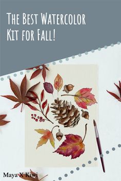 the best watercolor kit for fall with leaves, pine cone and acorns