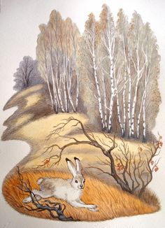 a drawing of a rabbit sitting in the middle of a field next to some trees