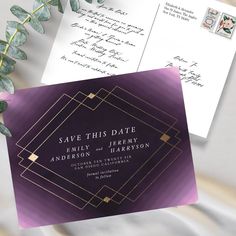 an image of wedding stationery with purple and gold foil on the front, and save the date in black ink on the back