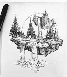 a pen drawing of a waterfall in the middle of a forest with trees on it