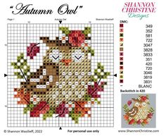 a cross stitch pattern with a teddy bear on it's back and the words autumn owl