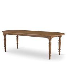 a wooden table with two legs and a long oval shaped dining table on one end