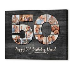 a 50th birthday card with the number 50 and pictures of people in it on a wooden background